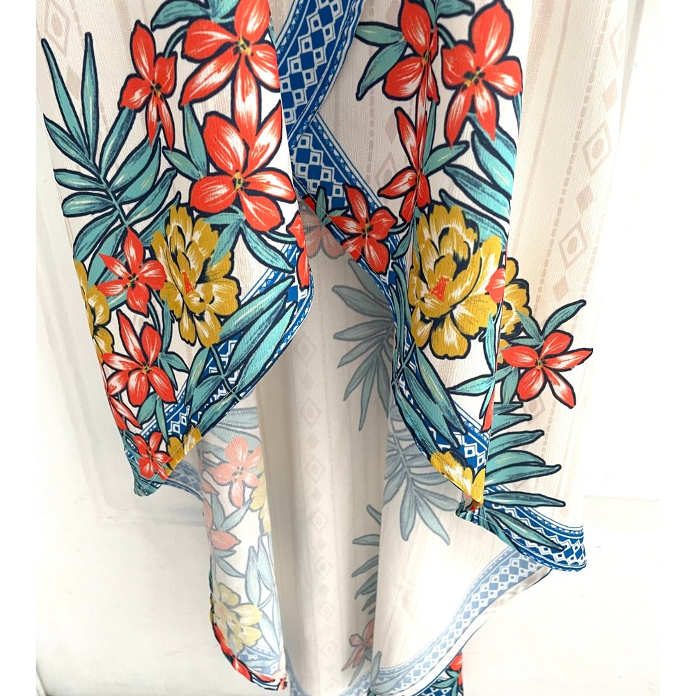 Tropical Floral High Low Maxi Dress Cold Shoulder Tassel Tie Cream Multi Medium - Picture 4 of 5